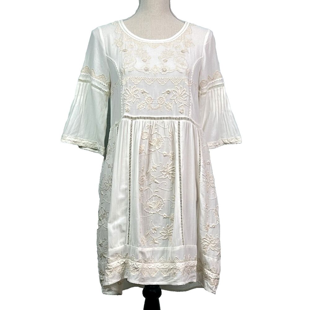 Akemi + Kin Anthropolgie Tunic Dress Bell Slve Embroidered Ivory Cotton XXSP